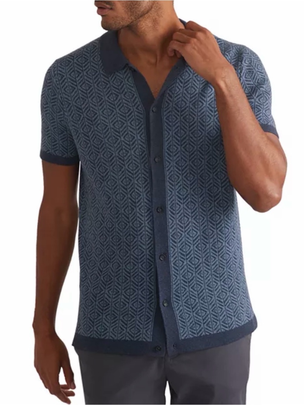 Marine Layer Ethan Jacquard Short Sleeve Cardigan Sweater Blue Size Small